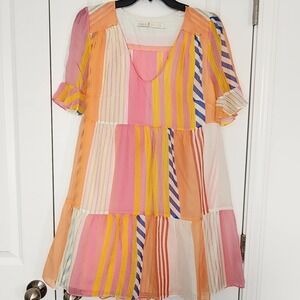 Marie Oliver Mixed Stripe Silk Blend Tiered Mini Dress Pink Orange Yellow Medium